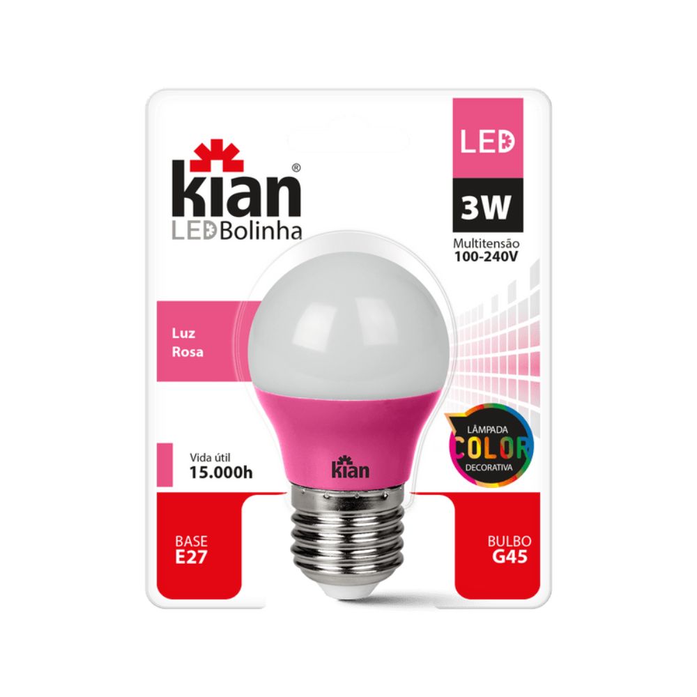 Lâmpada LED Bolinha 3W Rosa E-27 Bivolt LP35666 Opus